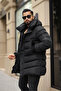 Men's Winter Long Coat with Hooded Side Zipper Detail - 4