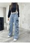 Women's Light Blue High Waist Multi-Pocket Wide Leg Cargo Pants