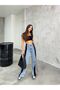 Women's High Waist Light Blue Side Striped Wide Leg Jeans - 4