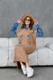 Women's Long Knit Dress with Denim Detail on the Sleeves, Tulle Front, Floral and Stone Embroidery, Loose Fit - 7