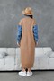 Women's Long Knit Dress with Denim Detail on the Sleeves, Tulle Front, Floral and Stone Embroidery, Loose Fit - 3