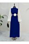 Ruched Detail Rose Belted Dress - Navy