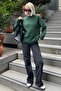 سترة تريكو نسائية ذات ملمس ناعم من Green Crew Neck قصة فضفاضة - 4