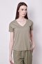 Women's V-Neck Short Sleeve Lycra Span Fabric Stylish T-Shirt Blouse-Khaki - 3