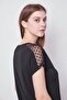 Women's Lycra Crepe Fabric Polka Dot Tulle Detailed V-Neck Off-Shoulder Blouse - Black - 6