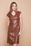 Ecological Faux Leather V-Neck Off-Shoulder Front Zipper Dress -Tan - 4