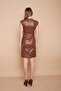 Ecological Faux Leather V-Neck Off-Shoulder Front Zipper Dress -Tan - 6