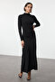 Black Fitted/Fitted Stand Collar Long Sleeve Flexible Maxi Knitted Dress Twoaw25El00099