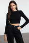Siyah-Beyaz-Antrasit 3'lü Paket Crop Fitted/Vücuda Oturan Örme Bluz TWOAW25BZ00300 - 4