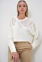 Women's Ecru Crew Neck Hairnet Patterned Hole Openwork Crop Sweater Alc-X12975 - 2