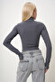 Women's Anthracite Body-Sitting Half Turtleneck Finger Detailed Blouse Prm1059 - 6