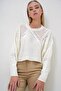 Women's Ecru Crew Neck Hairnet Patterned Hole Openwork Crop Sweater Alc-X12975 - 4