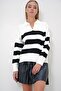 White Black Polo Collar Half Placket Color Block Sweater Alc-X12972 - 3