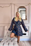 Navy Blue Cookie Patterned Thermal Nightgown Women's Pajamas Set with Dressing Gown - 5