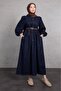 Metallic Buttons Crew Neck Jean Hijab Dress Navy - 4