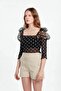 Balloon Sleeve Black Ecru Polka Dot Tulle Crop Blouse and Strapless Body Combination - 4