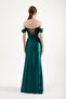 Women's Emerald Green Boat Neck Slit Long Evening Dress - 5