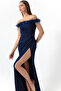 Women's Navy Blue Slim Fit Otrishli Boat Neck Slit Long Evening Dress
