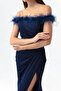 Women's Navy Blue Slim Fit Otrishli Boat Neck Slit Long Evening Dress - 4