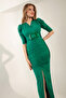 Women's Emerald Green Belted Long Evening Dress - 3