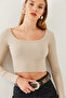 Women's Beige Square Neck Long Sleeve Basic Crop Blouse 2405 60351046 - 4