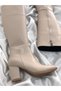 Ornella Beige Leather Women's Daily Zippered Elastic Thick Heel Boots - 2