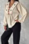 Women's Beige V-Neck Embroidered Blouse - 7