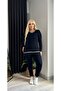 Women's plus size v-neck stripe detailed tracksuit set 24631 black - 2