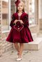 Girl's Burgundy Velvet Evening Dress with Collar and Pearl Embroidered Shoulders and Balloon Sleeves