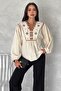 Women's Beige V-Neck Embroidered Blouse - 6