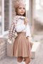 Girl's Collar Tie Shirt Knitwear Cardigan Brown Leather Skirt Set - 4