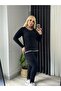 Women's plus size v-neck stripe detailed tracksuit set 24631 black - 7