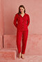 Red Star Patterned Front Buttoned Suede Pajama Set - 2