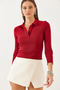 Women's Burgundy Polo Collar Half Buttoned Ribbed Crop Blouse 60351020 - 2