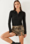 Women's Black Polo Collar Half Button Ribbed Crop Blouse 60351020