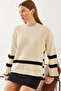 Women's Ecru Black Crew Neck Knitwear Sweater with Buttons on the Sides 20247529 - 7