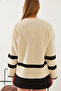 Women's Ecru Black Crew Neck Knitwear Sweater with Buttons on the Sides 20247529 - 5
