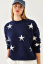 Women's Navy Blue Crew Neck Star Patterned Knitwear Sweater 20247536 - 5