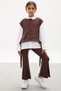 Coffee Sweater Shirted Bead Detailed Slit Tights Girl's Suit 18170