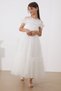 White Jewelled Feather Detailed Girl's Tulle Evening Dress - 5