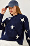 Women's Navy Blue Crew Neck Star Patterned Knitwear Sweater 20247536 - 3