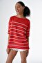 Women's Crew Neck Oversize Short Sleeve Striped Knitwear Sweater Pomegranate-White 24S151