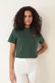 Amida Green Basic Crop T-Shirt with Rose Embroidery on the Shoulder - 2412