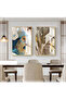 Hari̇kabi̇rev | Cream Gold Turquoise Color Abstract and Leaf Combination | Framed Glass Table 2 Pieces Vertical