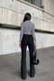 Black Striped Turtleneck Crop Top and Flared Pants K Ribbed Knit Two-Piece Set - 6