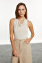 Women's Stone Color Linen Blend Degaje Collar Blouse - 2