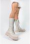 Beige Color Lace up Zippered Women's Below the Knee Boots