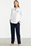 Patchwork Buttoned Pattern Combination Pajama Set - Navy Blue