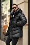 Men's Winter Leather Coat with Hooded Side Zipper Detail