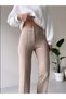 Women's Beige High Waist Ribbed Stitched Lycra Knitted Trousers - 4